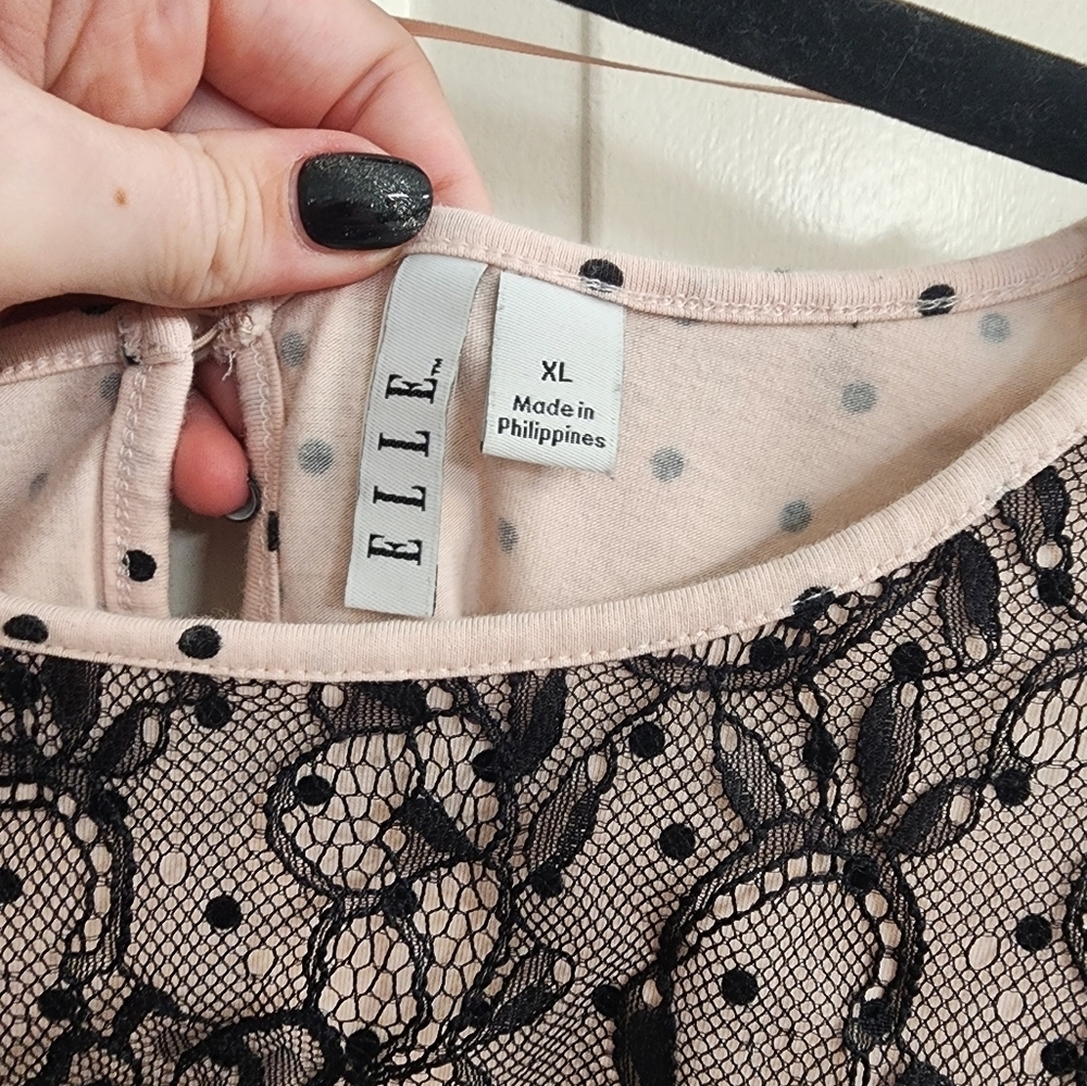 Elle Brand Womens Top Light Pink With Black Polka Dots/lace Size XL - Picture 2 of 3